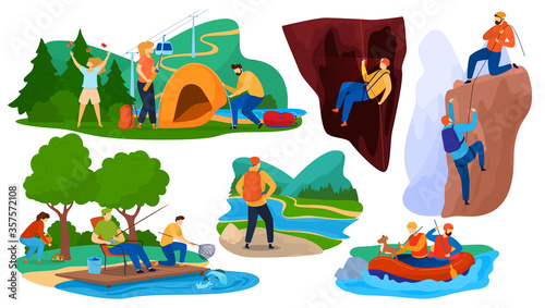 Active summer tourism vector illustration. Cartoon flat tourist characters hiking, people camping in nature forest, kayaking in river, climbing mountains, sport outdoor activity icon isolated on white