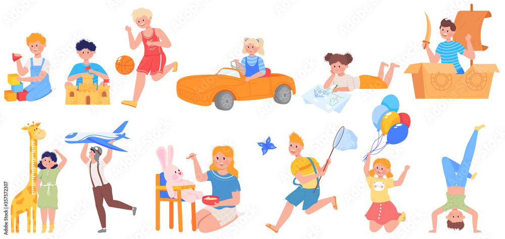 Happy active kids play vector illustration set. Cartoon flat funny child character playing football game, gaming with toys in playground, children fun activity in kindergarten icon isolated on white Happy active kids play vector illustration set. Cartoon flat funny child character playing football game, gaming with toys in playground, children fun activity in kindergarten icon isolated on white