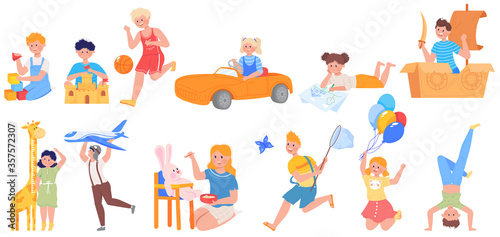 Happy active kids play vector illustration set. Cartoon flat funny child character playing football game, gaming with toys in playground, children fun activity in kindergarten icon isolated on white © Seahorsevector