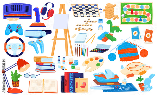 Hobby elements vector illustration set. Cartoon flat arts and crafts supplies for needlework knitting, drawing, reading books, playing video or board games tools for hobbyist artist isolated on white