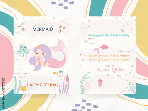 Cute mermaid theme birthday party invitation card vector illustration.