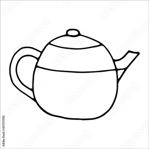 A hand drawn doodle teapot on a white background. Vector hygge illustration for children. Logo element for a coffee shop, cafe, restaurant, and tea ceremony. Design of the coffee shop and cafe.
