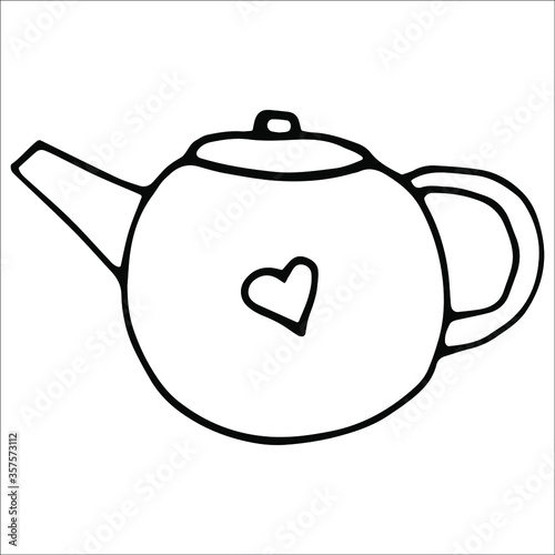A hand drawn doodle teapot on a white background. Vector hygge illustration for children. Logo element for a coffee shop, cafe, restaurant, and tea ceremony. Design of the coffee shop and cafe.