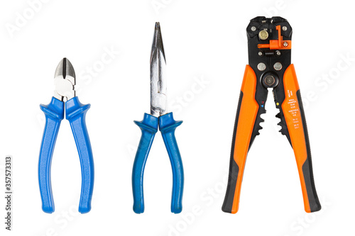 Wire stripping pliers and cut on white background top view angle photo