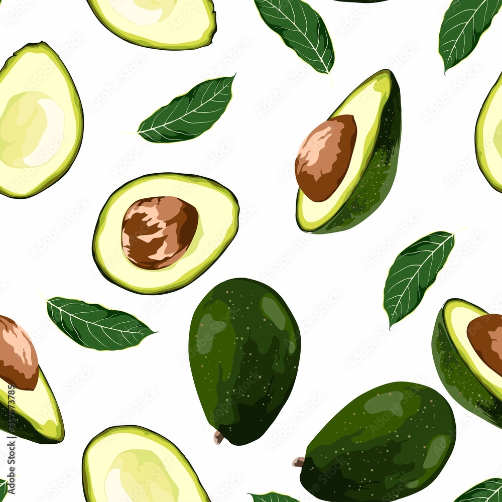 Avocado seamless pattern for print, fabric and organic, vegan, raw products packaging. Texture for eco and healthy food. Seamless pattern whole and sliced avocado. White background. Avocado seamless pattern for print, fabric and organic, vegan, raw products packaging. Texture for eco and healthy food. Seamless pattern whole and sliced avocado. White background.