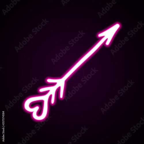 Neon pink vector icon straight arrow with a heart on the end. Hand-drawn vector illustration of a pointer on black background. Cupids love arrow