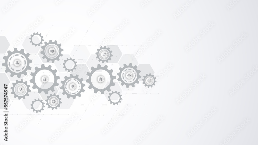 Information technology with infographic elements and flat icons. Cogs and gear wheel mechanisms. Hi-tech digital technology and engineering. Abstract technical background. Information technology with infographic elements and flat icons. Cogs and gear wheel mechanisms. Hi-tech digital technology and engineering. Abstract technical background.