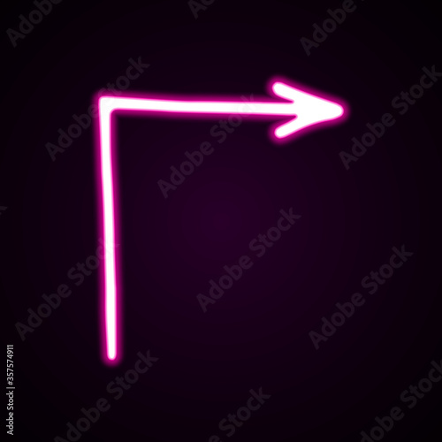 Neon pink turning right arrow vector icon. Hand-drawn vector illustration of a pointer on black background.