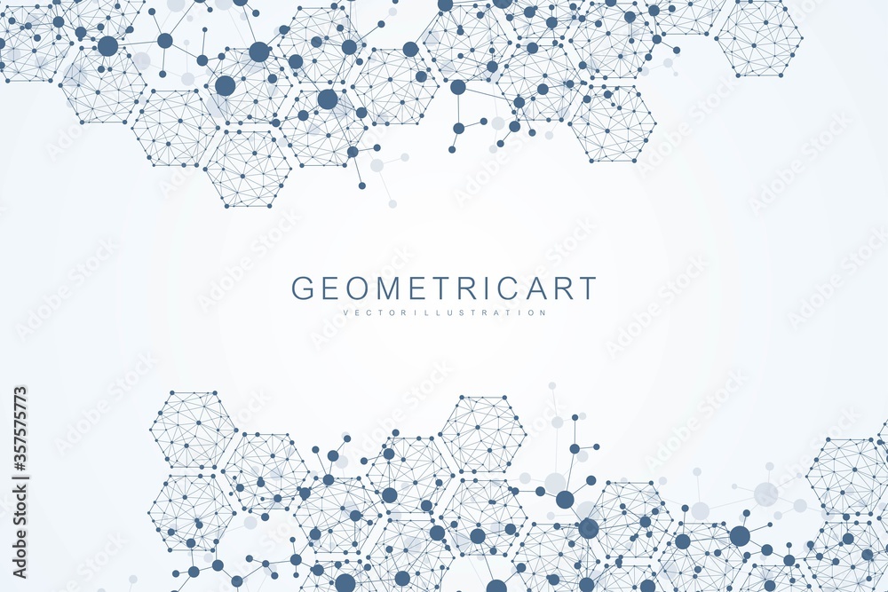 Obraz premium Modern futuristic background of the scientific hexagonal pattern. Virtual abstract background with particle, molecule structure for medical, technology, chemistry, science. Social network vector