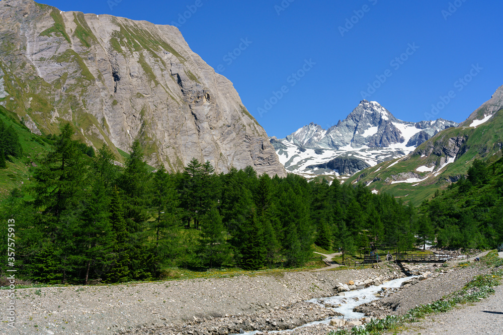 Fototapeta premium Landschaft im oberen Ködnitztal mit der Bergkette des Großglockner bei Kals, Nationalpark Hohe Tauern, Osttirol, Bezirk Lienz, Tirol, Österreich