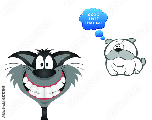 Comical cat stealing the limelight with indignant resentful dog looking on isolated on white background