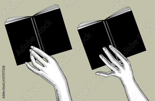 Color engraved drawing of two female hands holding a black open book photo