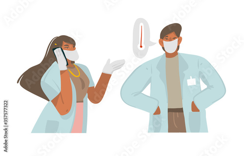 Hand drawn vector flat stock abstract graphic illustration with doctors who talk on the phone,with pacient with high fever and give recommendations isolated on white background