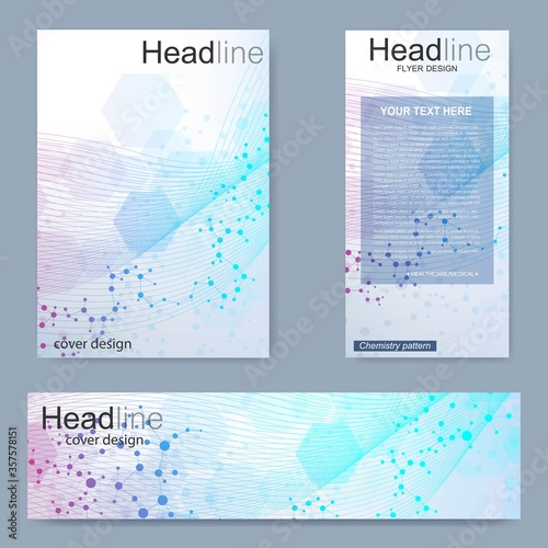 Set flyer, brochure size A4 template,banner. Molecular structure with connected lines and dots.Colorful vector covers with titles