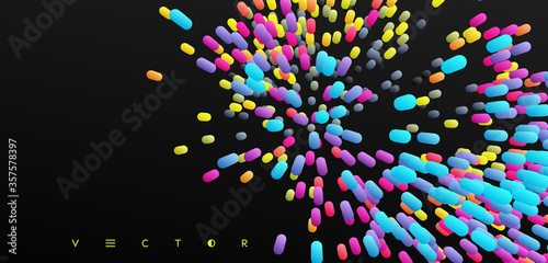 Array with dynamic emitted particles. Abstract background. 3d vector illustration.