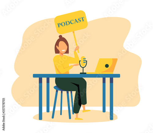 Radio host with table flat vector illustration. Media hosting doodle drawing. Female podcaster holding nameplate with podcast inscription, broadcaster at workspace isolated cartoon character