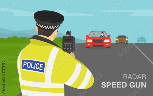 Traffic police officer holding a radar speed gun on highway. Back view. Flat vector illustration.