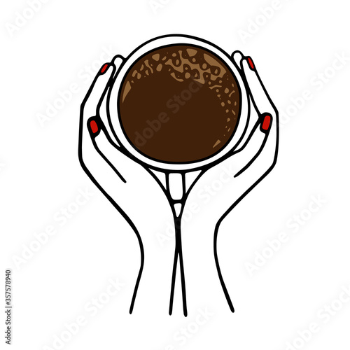 Hands holding a cup of coffee or cocoa hand-drawn. Vector illustration in doodle style black outline with red and brown elements on a white background