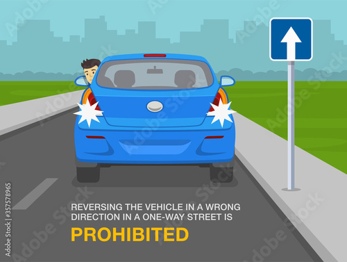 Reversing the vehicle in a wrong direction in a one-way street is prohibited. Flat vector illustration.