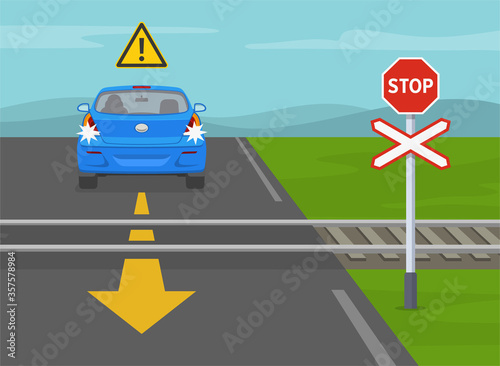 Reversing the vehicle in a wrong direction on a railway crossing is prohibited. Driving a car. Flat vector illustration.