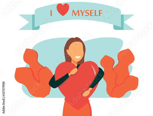 Self esteem vector illustration. Flat tiny personal confidence persons concept. Psychological mindset and life attitude as pride, appreciation and acceptance feeling. Mental and moral self respect.
