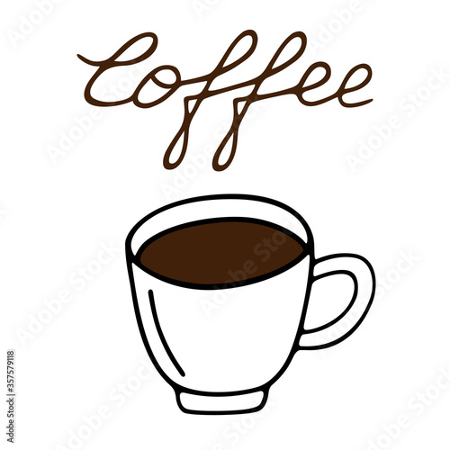 Large mug of coffee hand-drawn. Vector illustration in doodle style black outline with brown element on a white background
