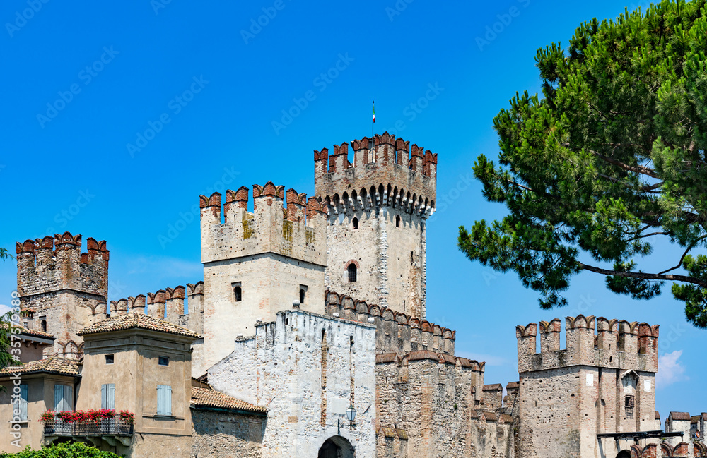Sirmione, Italy - July 14, 2018: Scaliger Castle (13th century) in Sirmione on Garda lake in Italy