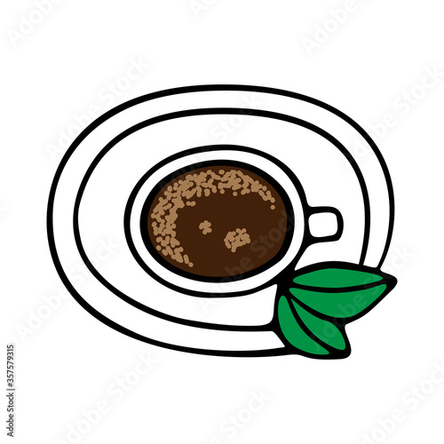 Large mug of coffee or cocoa on a saucer hand-drawn. Vector illustration in doodle style black outline with green and brown elements on a white background