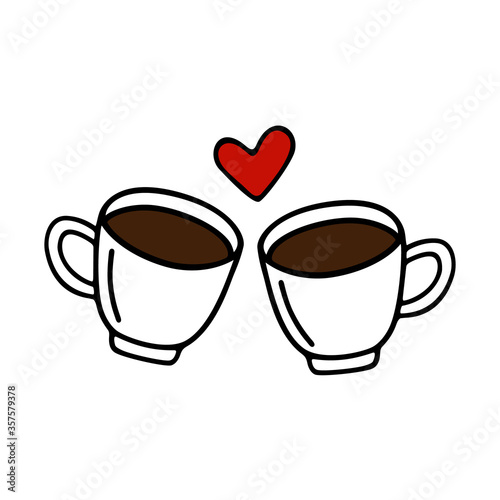 Two large mug of coffee or cocoa hand-drawn for lovers. Vector illustration in doodle style black outline with red and brown elements on a white background