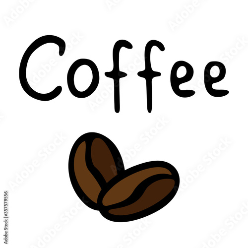 Two coffee beans and the inscription coffee hand-drawn. Vector illustration in doodle style black outline with brown elements on a white background