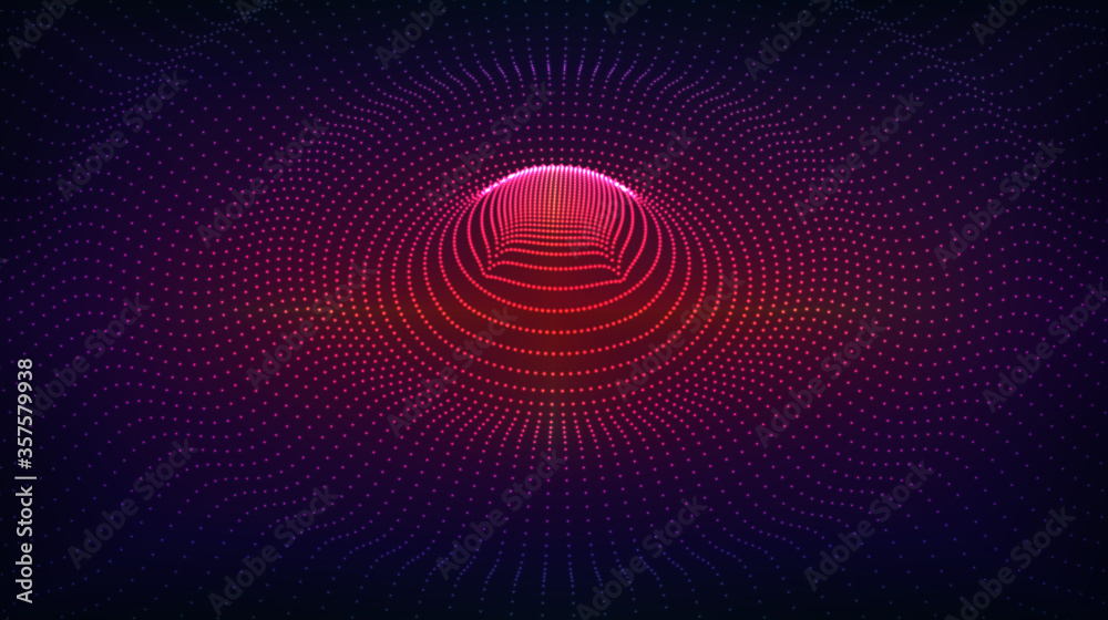 Vector abstract background. Radial wave, surge, oscillations. Array of glowing dots on a dark background.