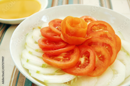 Tomato and Cucumber Salad served on plate