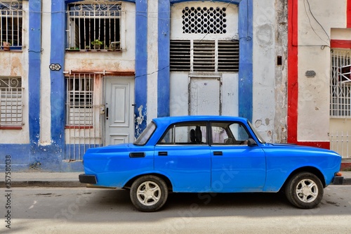 Vintage blue car in the street of Cuba