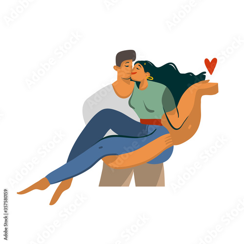 Hand drawn vector stock abstract graphic Love illustration with young romantic kissing walking couple together isolated on white background