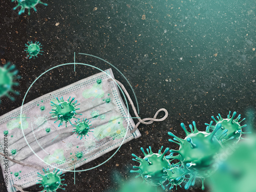 A disposable medical face mask lies on the ground virus 3d Rendering green.  photo