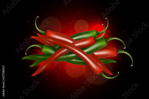 Chili peppers vector poster. Hot green, yellow and red chili peppers. Seasoning and spice.