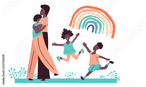 All lives matter and Black lives matter concept. Human rights of black people. African American family and rainbow on the sky. Father, mother, son and daughter. Hand drawn vector cartoon illustration