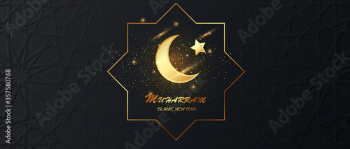 Muharram islamic new holiday dark banner with gold. Islamic design background,greetngs card