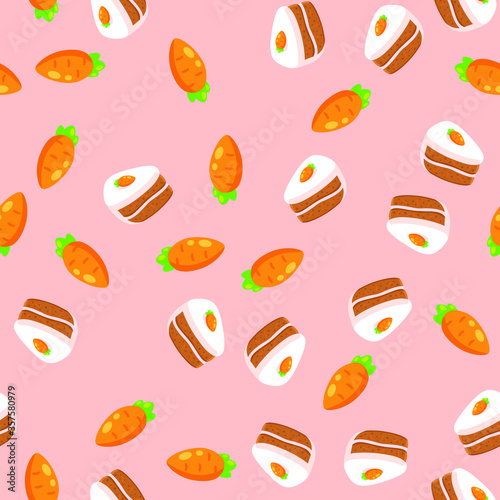 Carrot cake seamless wallpaper pattern food vector illustration for kitchen and cooking
