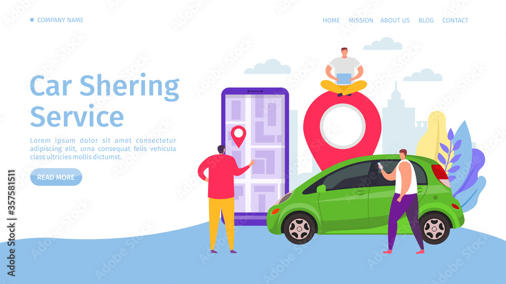 Carsharing service, vector illustration. Mobile application for rent car, share transport online at flat smartphone website banner. Map at electronic device, people search car location.