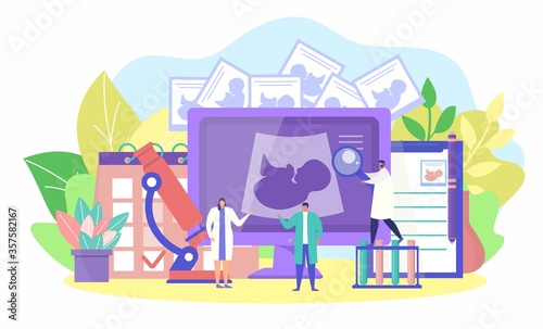 Pregnancy fertility concept, vector illustration. Medical treatment, flat gynecology cartoon background. Doctor character care about baby in clinic center, cartoon family healthcare and maternity.