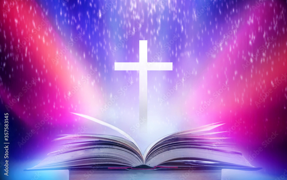 The Christian Cross is illuminated in a book in white and fantasy light, with magic shining as hope, love and freedom in beautiful illustrations. The Christian Cross is illuminated in a book in white and fantasy light, with magic shining as hope, love and freedom in beautiful illustrations.