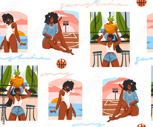 Hand drawn vector abstract stock flat graphic illustration seamless pattern with young happy black afro american beauty females ,in everyday routine scenes isolated on white background