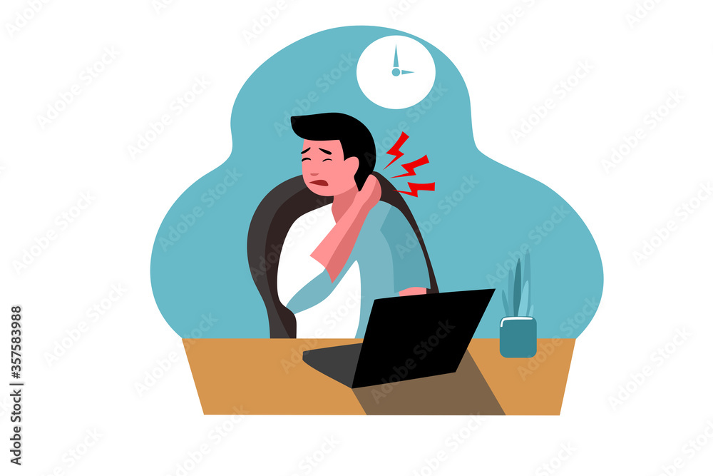 a bussiness man is touching on his neck because of painful while working in the office. Illustration of office syndrome symptoms. a bussiness man is touching on his neck because of painful while working in the office. Illustration of office syndrome symptoms.