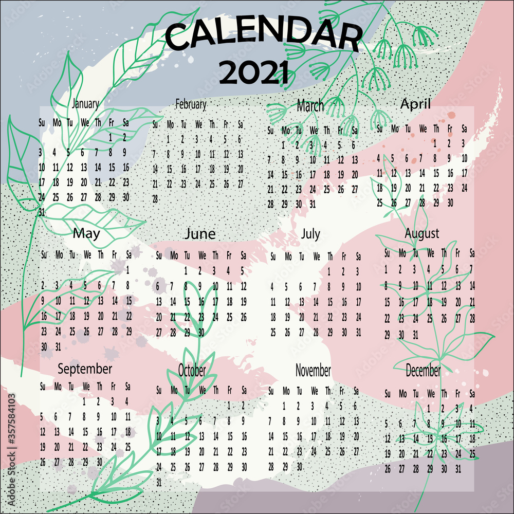 Calendar 2021. Printable creative template. Abstract modern art.  Vector illustration