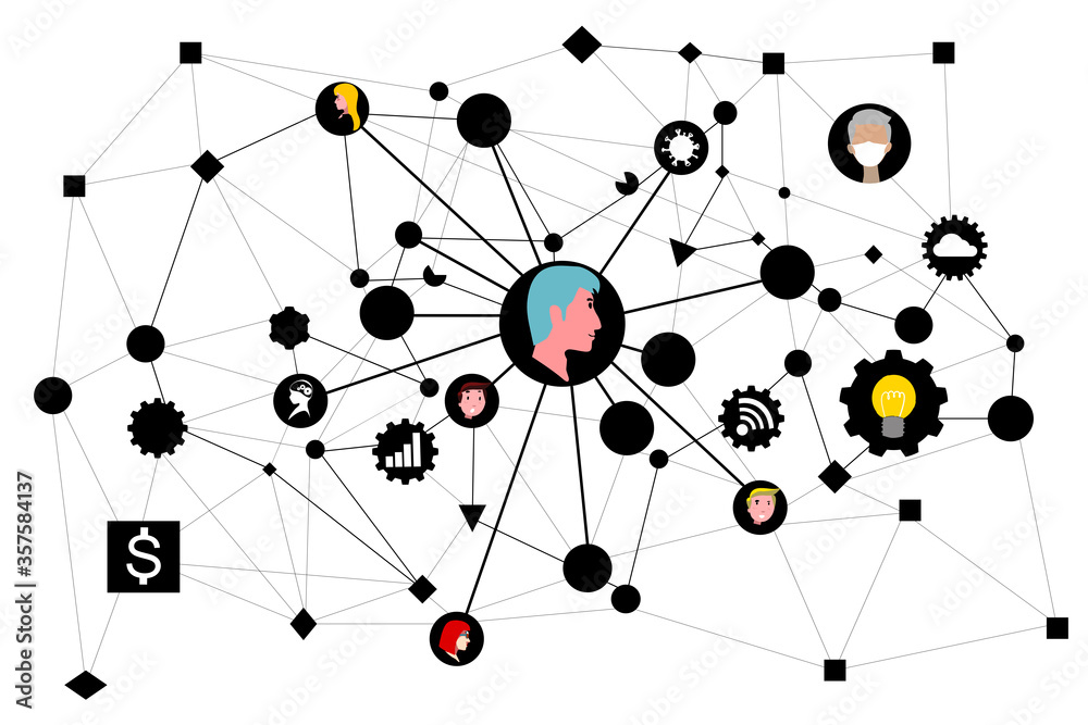 The Illustration of connection network between human and technology. Social networks are a community for sharing knowledge. The Illustration of connection network between human and technology. Social networks are a community for sharing knowledge.