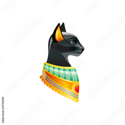 Egyptian cat. Bastet goddess. Black cat Bast deity with golden necklace statuette from ancient Egypt art. Cartoon 3d realistic icon for logo. Old style vector illustration isolated on white background