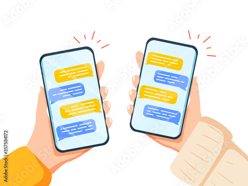Male hand holding smartphone with message chart on screen vector flat illustration. Human arm with mobile messenger