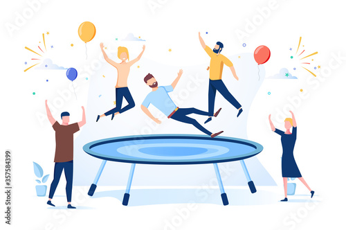 Happy Teens Jumping on Trampoline, Friends Cheering. Young People Having Fun Jump and Bouncing, Spare Time, Activity
