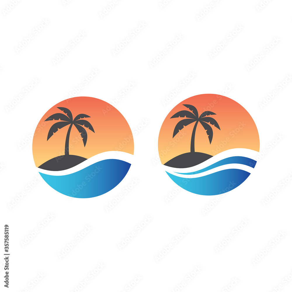Palm, tropical island and sea or ocean wave in circle logo design. Tourism, exotic summer vacation or holiday colorful vector symbol.